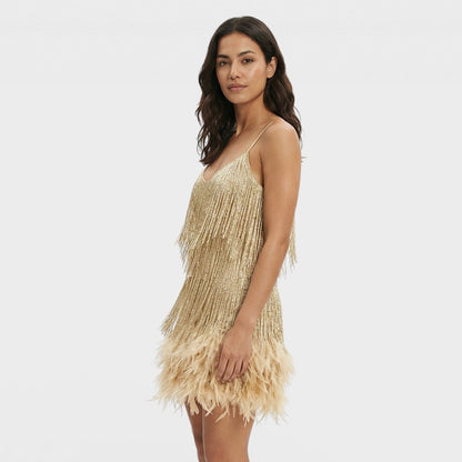Vestido Mini Con Plumas Glamour