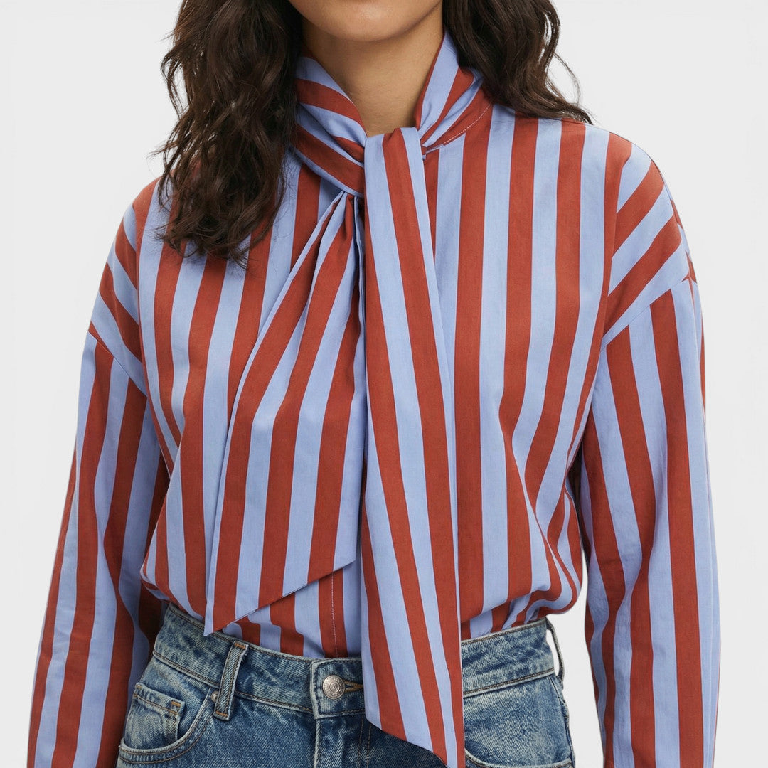 Camisa Mujer de Rayas con Lazo y Cuello