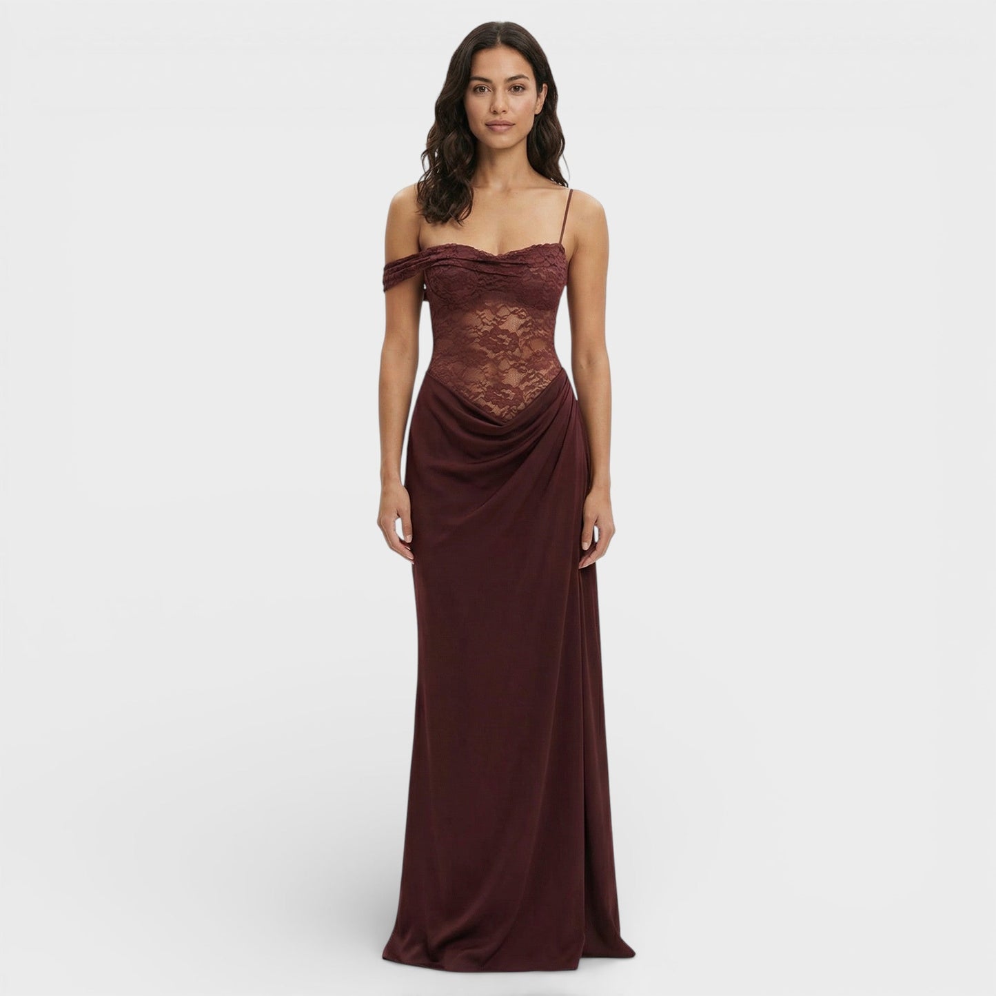 Vestido Largo Encaje Un Hombro Mujer - Mavetta