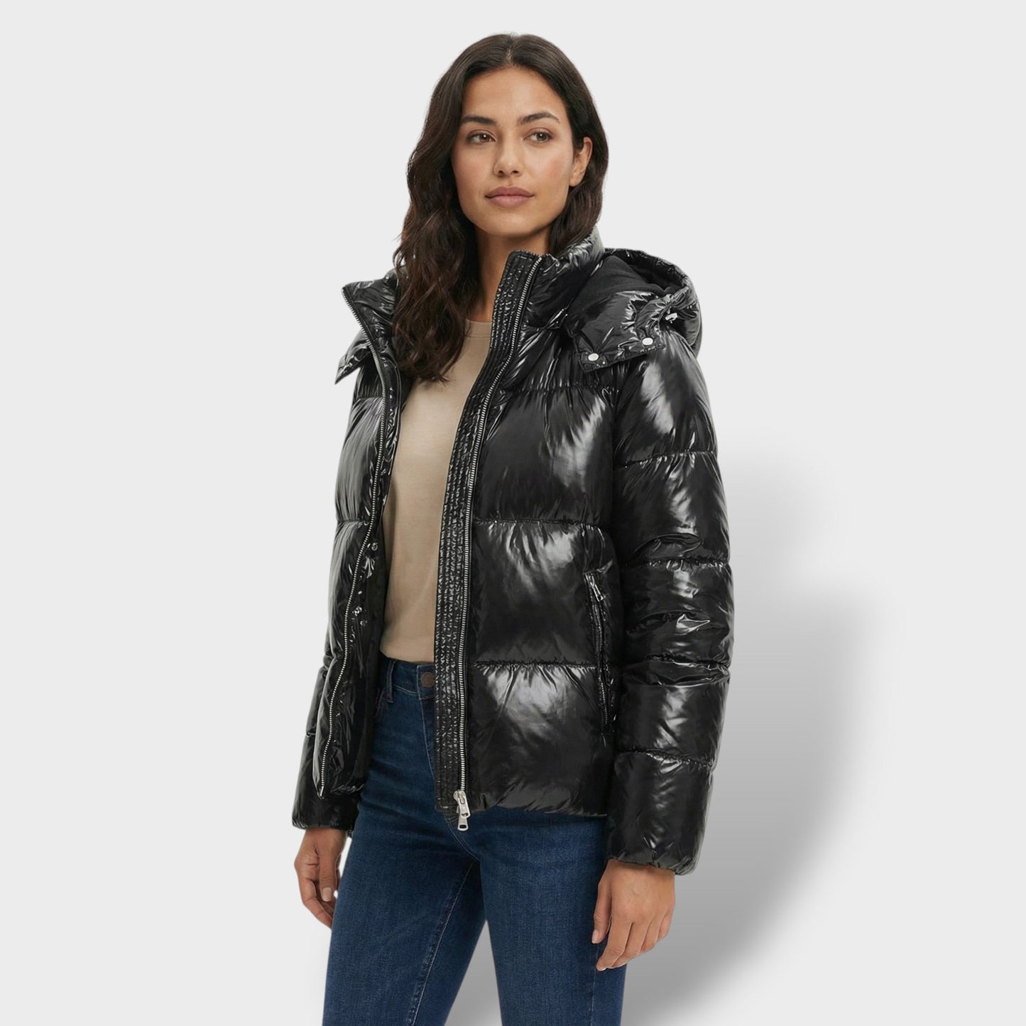 Chaqueta Acolchada Brillante con Capucha