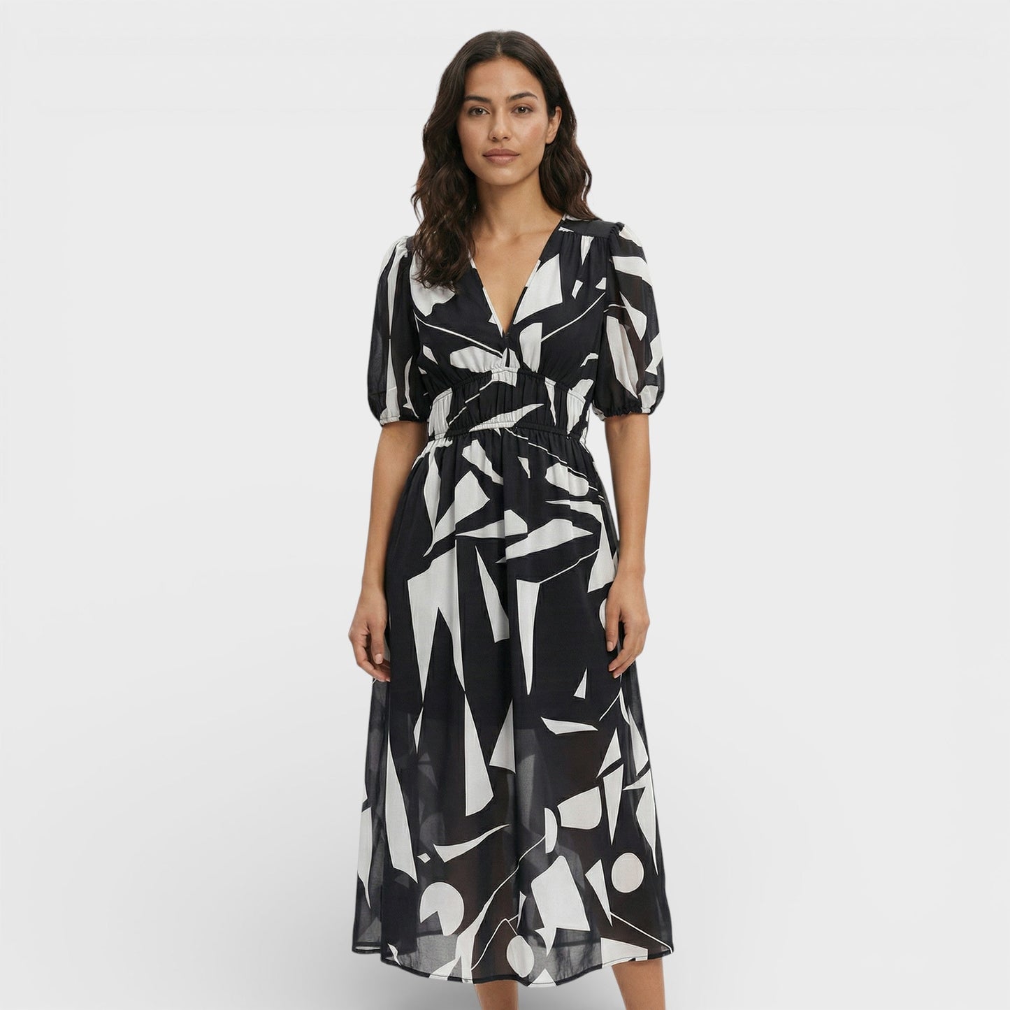 Vestido Midi Floral Mangas Abullonadas