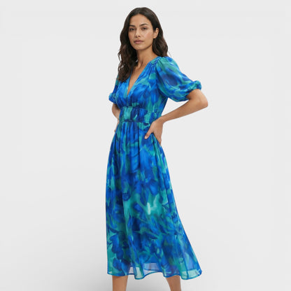 Vestido Midi Floral Mangas Abullonadas