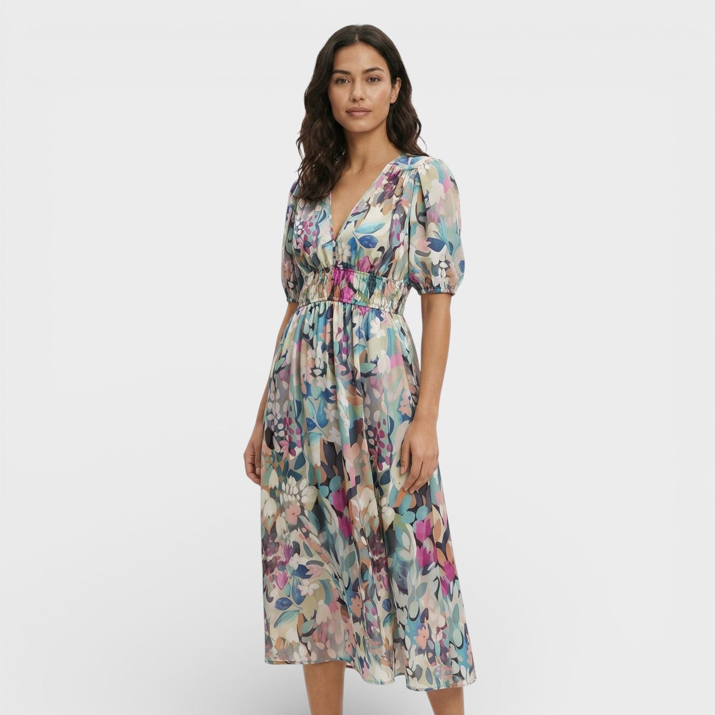 Vestido Midi Floral Mangas Abullonadas - Mavetta