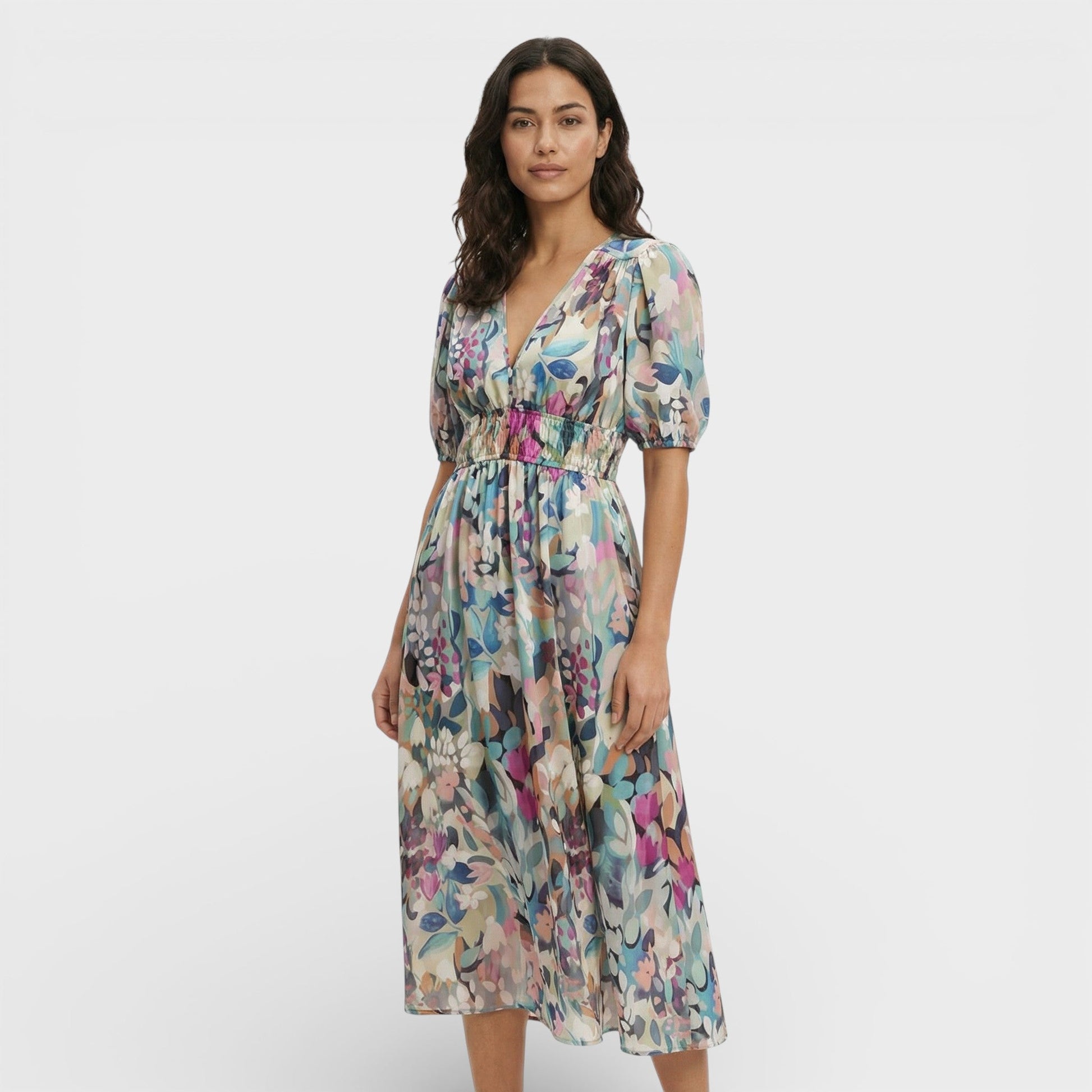 Vestido Midi Floral Mangas Abullonadas - Mavetta