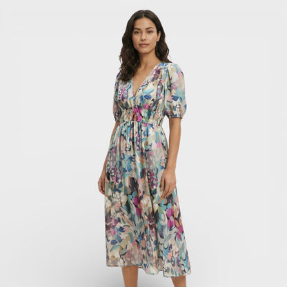 Vestido Midi Floral Mangas Abullonadas - Mavetta