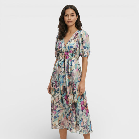 Vestido Midi Floral Mangas Abullonadas - Mavetta