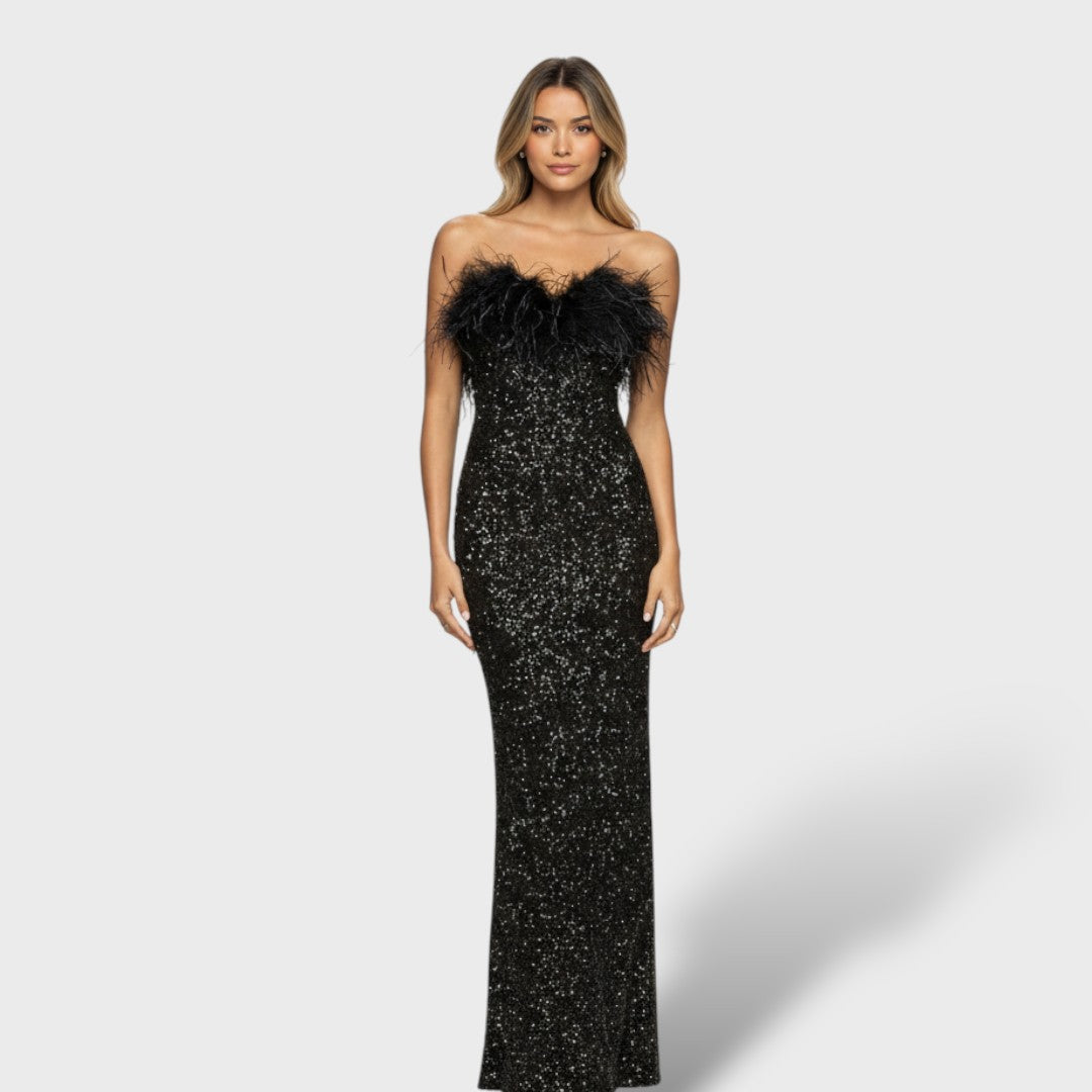 Vestido maxi mujer de lentejuelas y plumas elegante - Mavetta