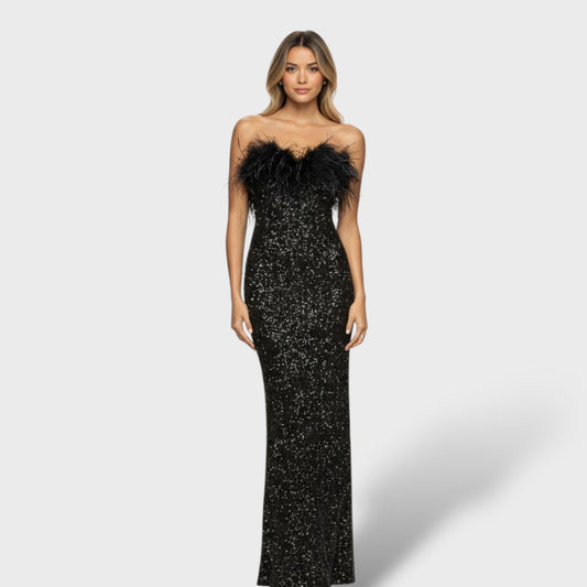 Vestido maxi mujer de lentejuelas y plumas elegante - Mavetta