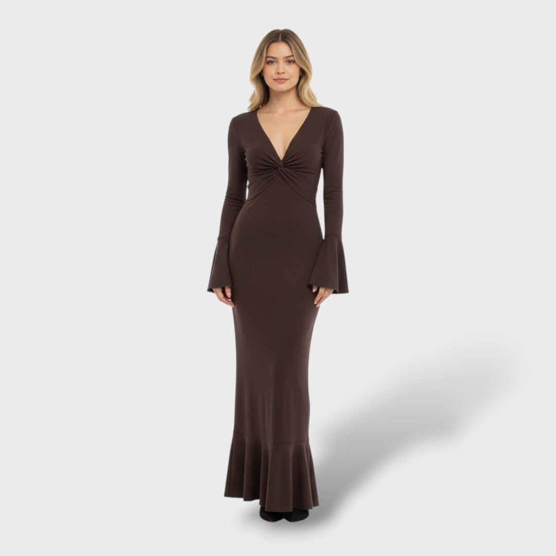 Vestido Largo Mujer Escote en V Ajuste Elegante