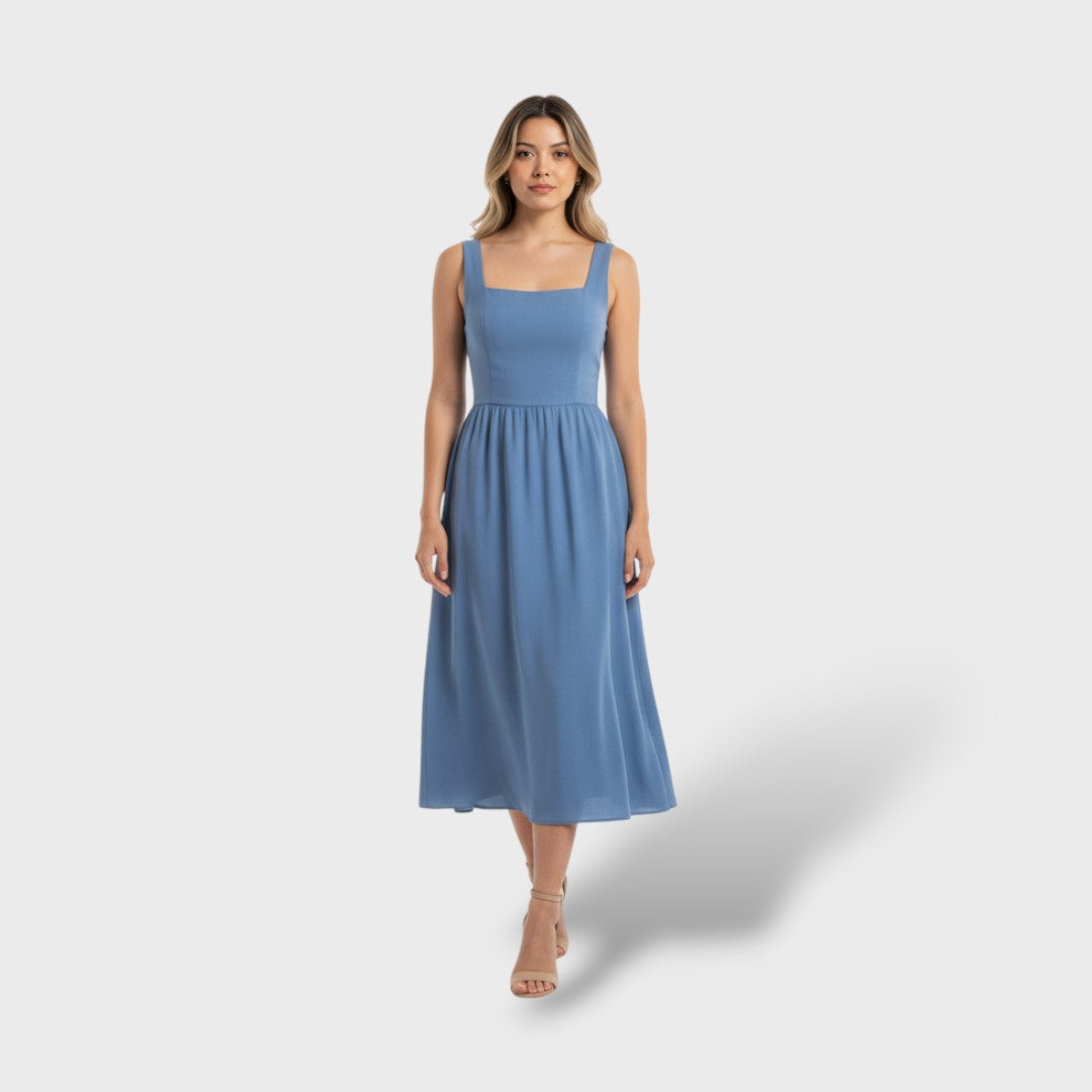 Vestido Midi Mujer sin Mangas Cuello Cuadrado