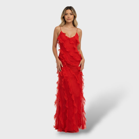 Vestido Largo Mujer de Gasa Volantes Espalda Abierta - Mavetta