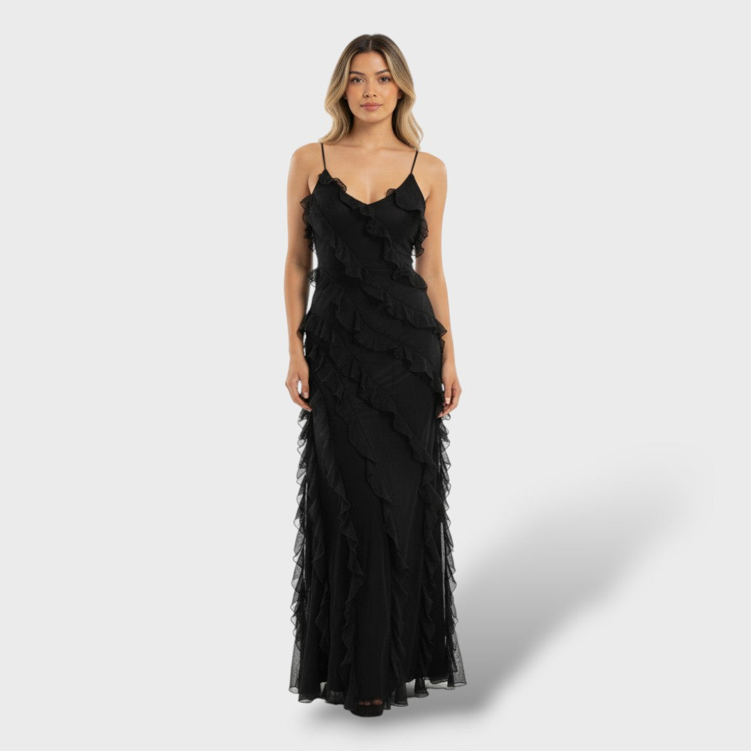 Vestido Largo Mujer de Gasa Volantes Espalda Abierta