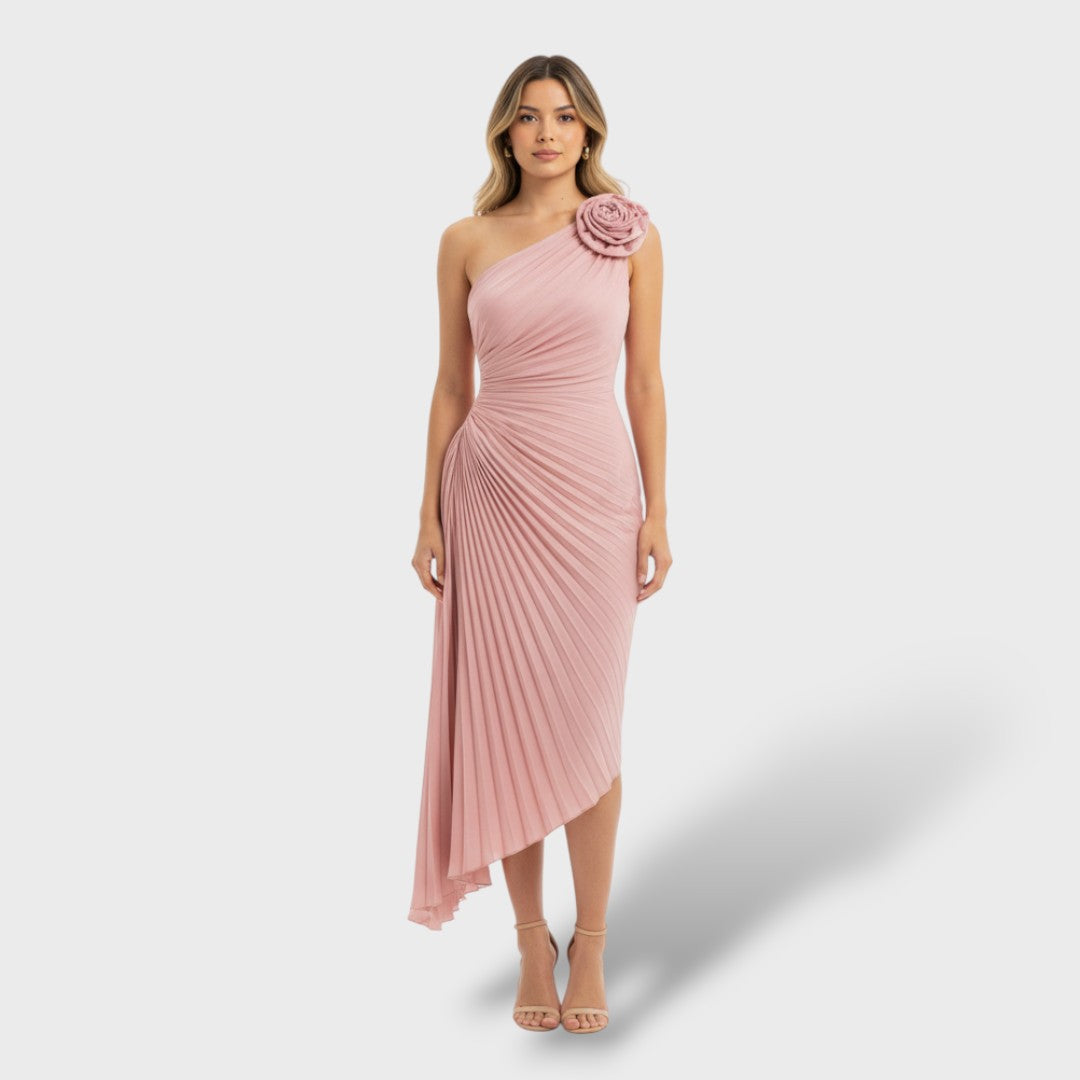 Vestido Largo Mujer Plisado Corte Asimétrico