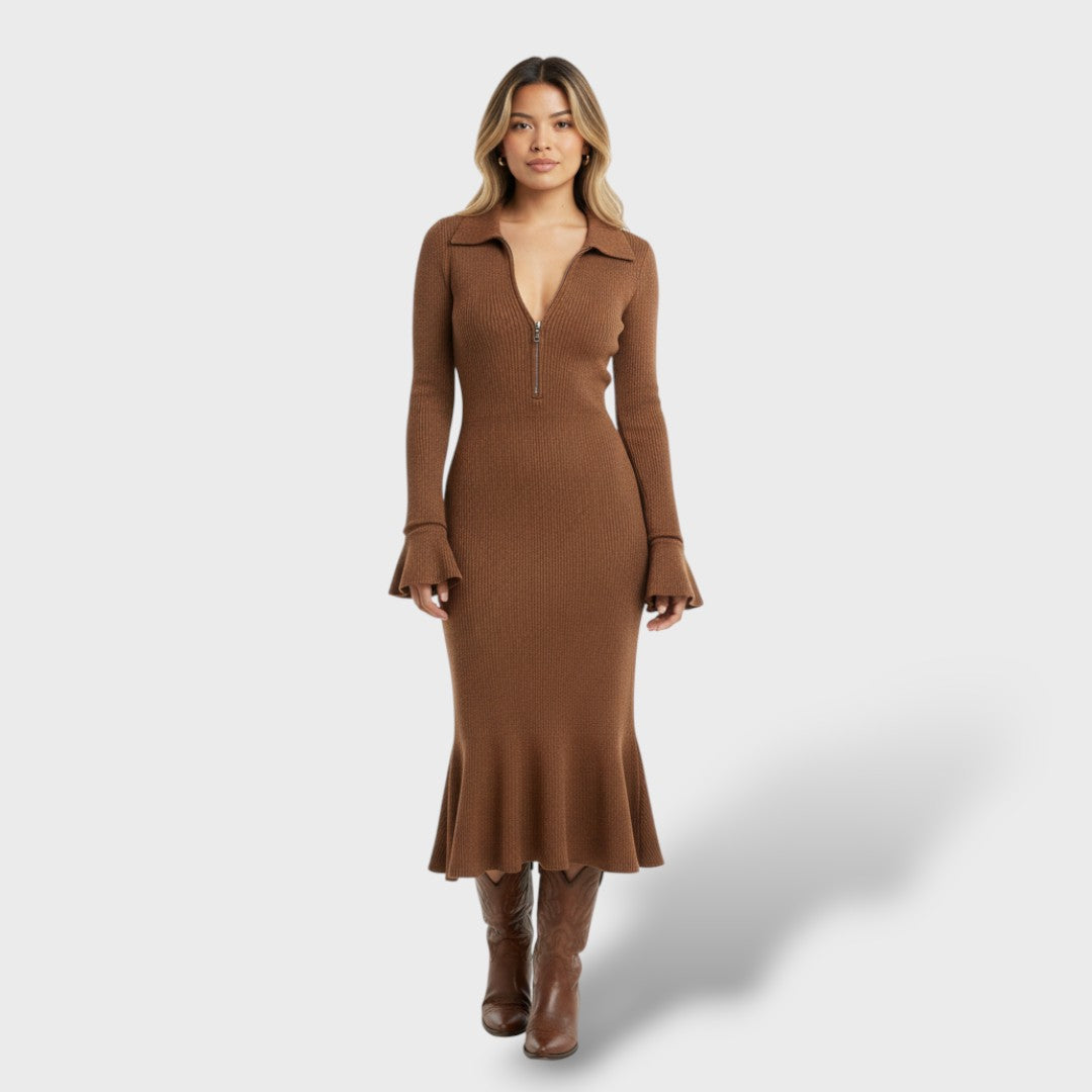 Vestido Midi Mujer de Punto Cuello con Cremallera