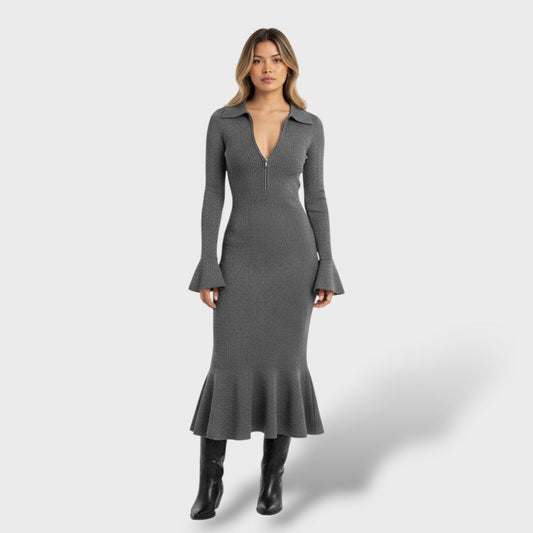 Vestido Midi Mujer de Punto Cuello con Cremallera - Mavetta
