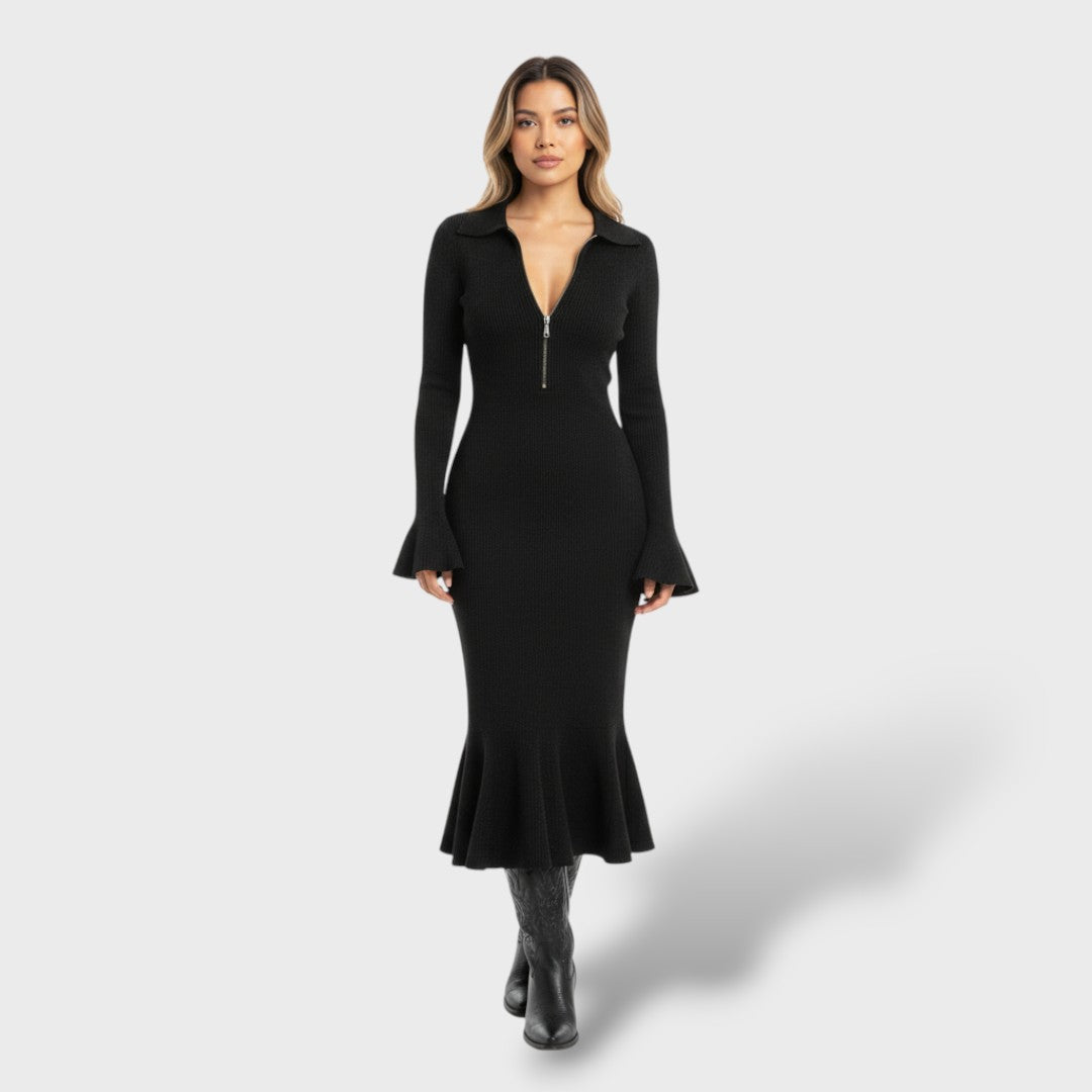 Vestido Midi Mujer de Punto Cuello con Cremallera