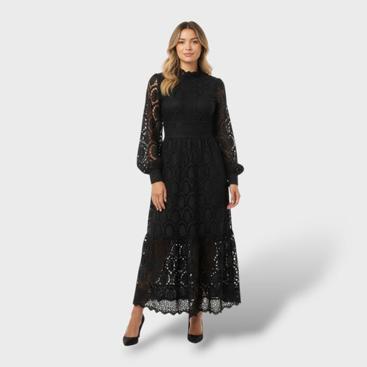 Vestido Mujer de Encaje Manga Abullonada Cuello Alto - Mavetta