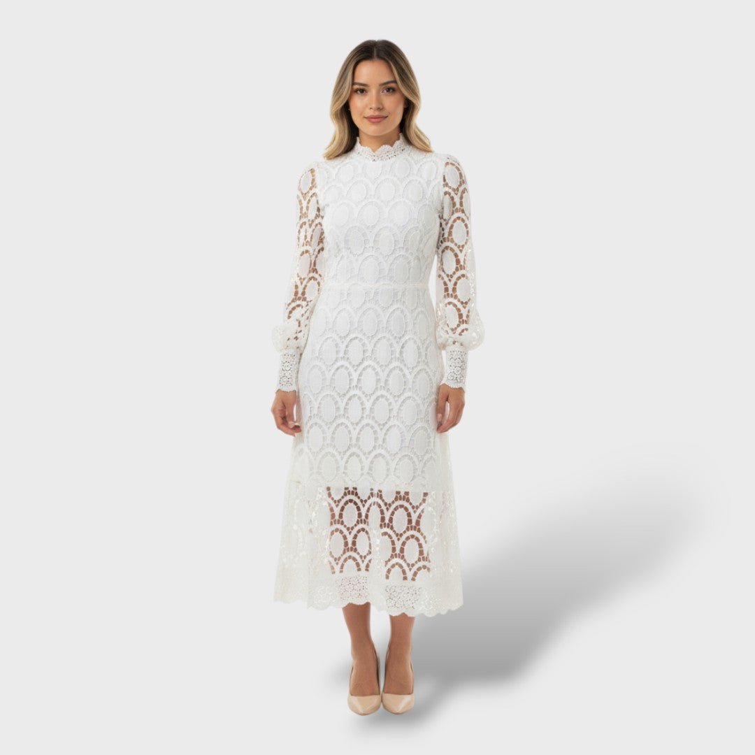 Vestido Mujer de Encaje Manga Abullonada Cuello Alto