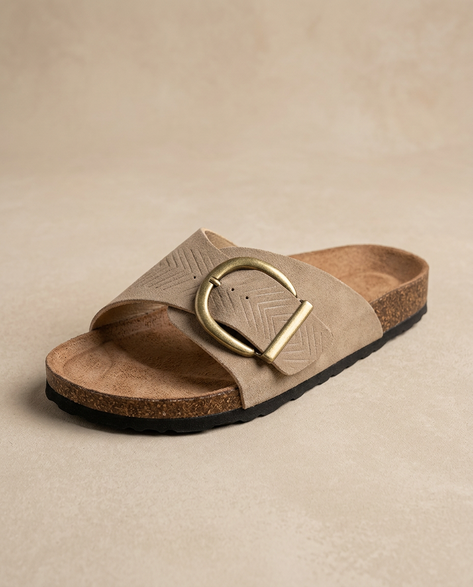 Sandalia Mule Mujer Ante Grabado Hebilla Grande Corcho - Mavetta