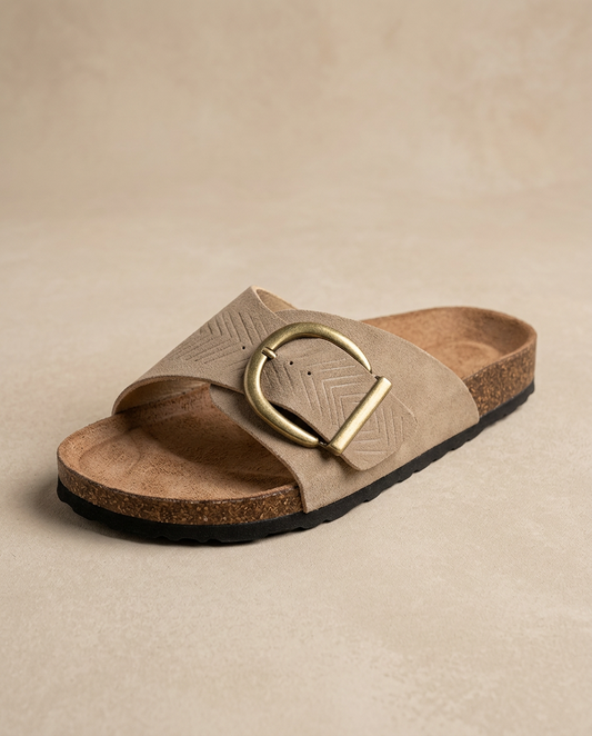 Sandalia Mule Mujer Ante Grabado Hebilla Grande Corcho - Mavetta