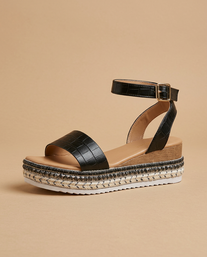Sandalia Plataforma Mujer Cuero Croco Tobillera Tachuelas