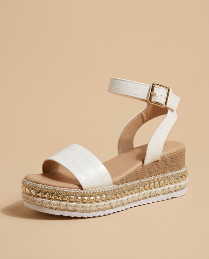 Sandalia Plataforma Mujer Cuero Croco Tobillera Tachuelas