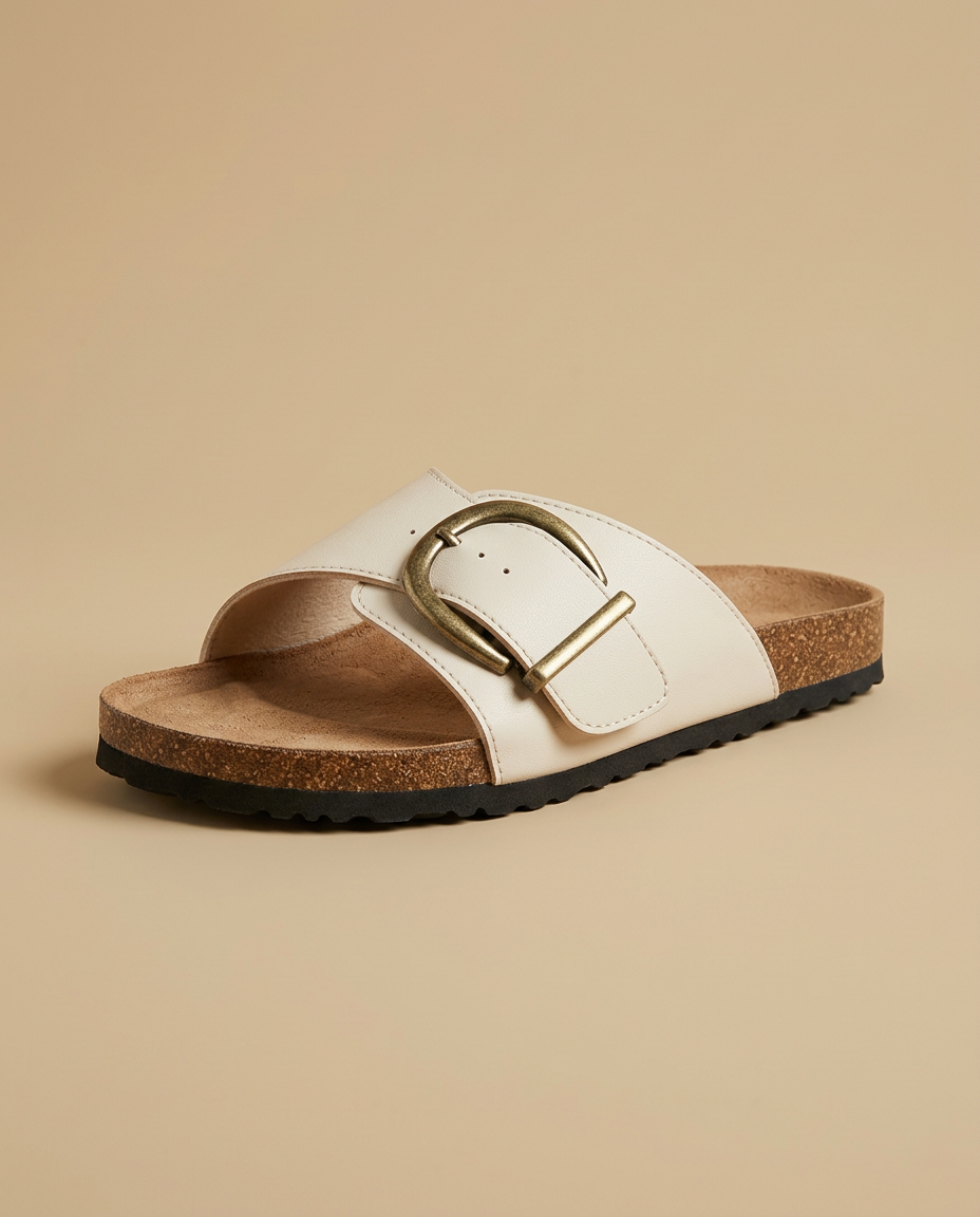Sandalia Mule Mujer Ante Grabado Hebilla Grande Corcho