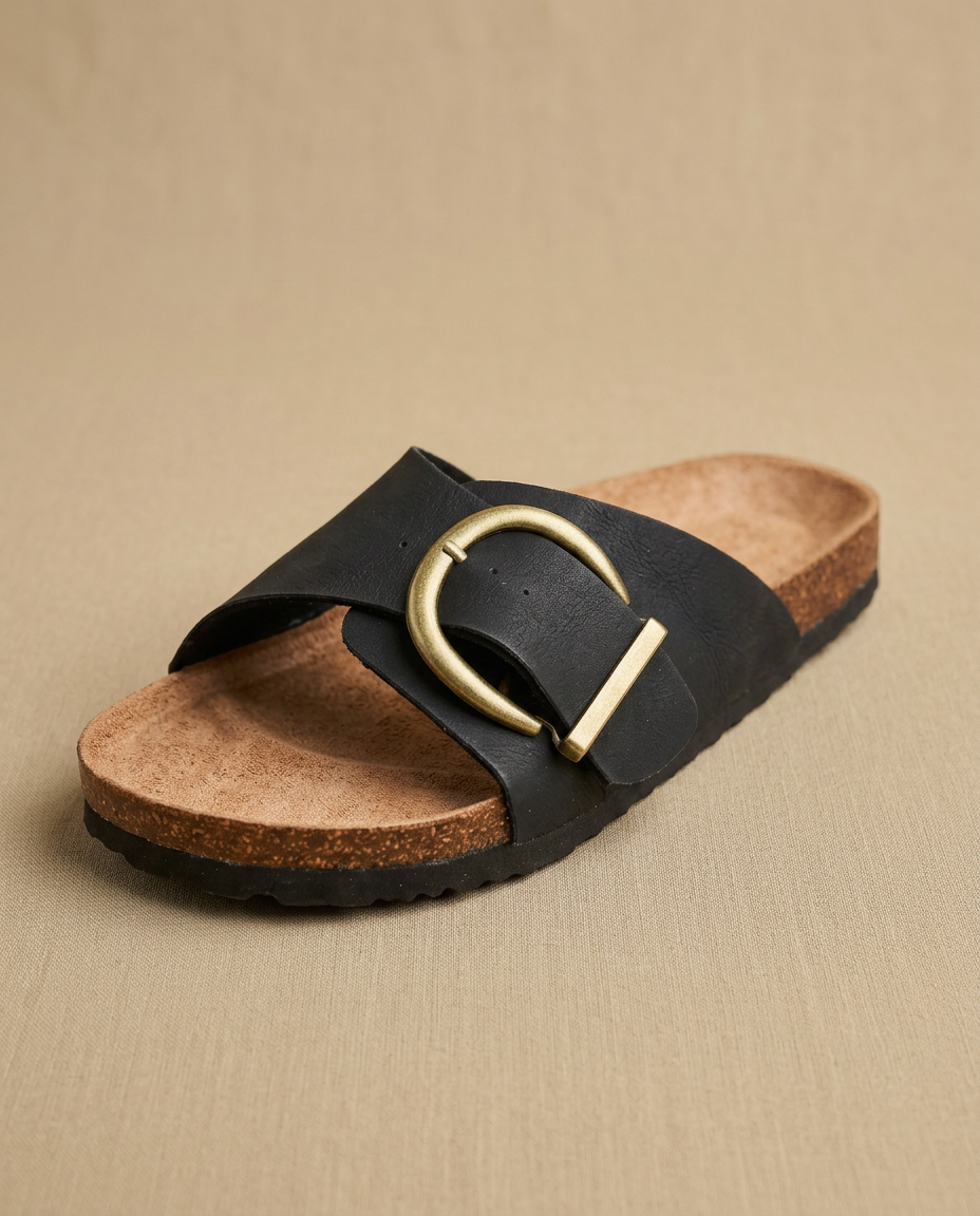 Sandalia Mule Mujer Ante Grabado Hebilla Grande Corcho