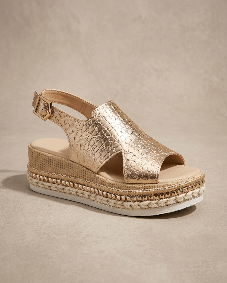 Sandalia Plataforma Mujer Cuero Metalizado Estilo Croco Tachuelas - Mavetta