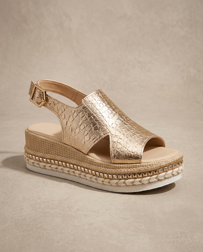 Sandalia Plataforma Mujer Cuero Metalizado Estilo Croco Tachuelas - Mavetta