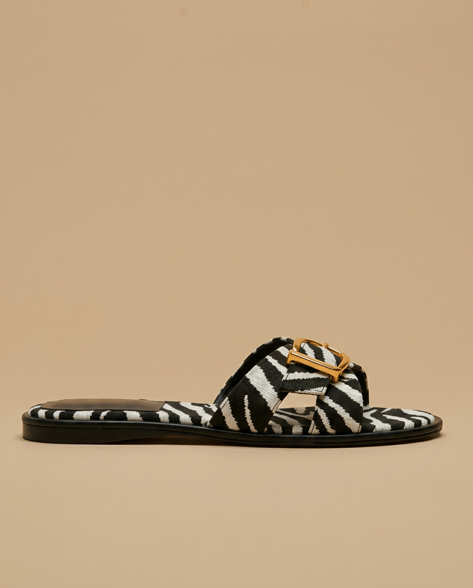 Sandalia Plana Mujer Estampado Animal Hebilla - Mavetta