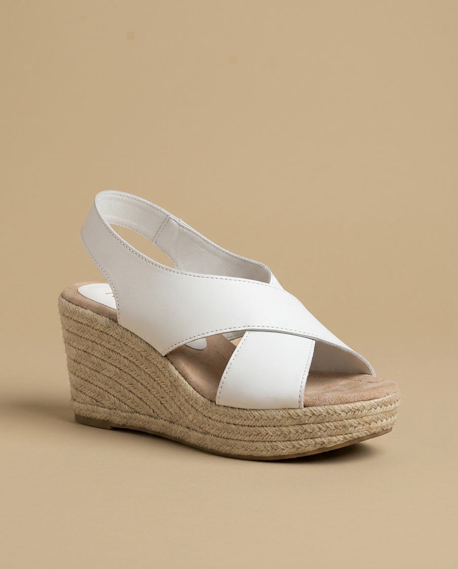 Sandalias Cuña Mujer Piel Esparto Tiras Cruzadas Slingback
