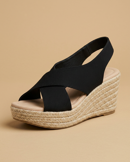 Sandalias Cuña Mujer Piel Esparto Tiras Cruzadas Slingback