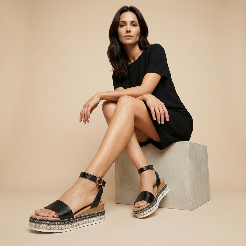 Sandalia Plataforma Mujer Cuero Croco Tobillera Tachuelas