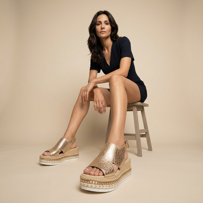 Sandalia Plataforma Mujer Cuero Metalizado Estilo Croco Tachuelas