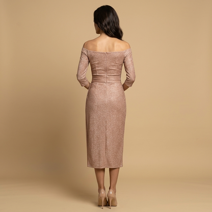 Vestido Midi Mujer Drapeado Escote Bardot Abertura Lateral