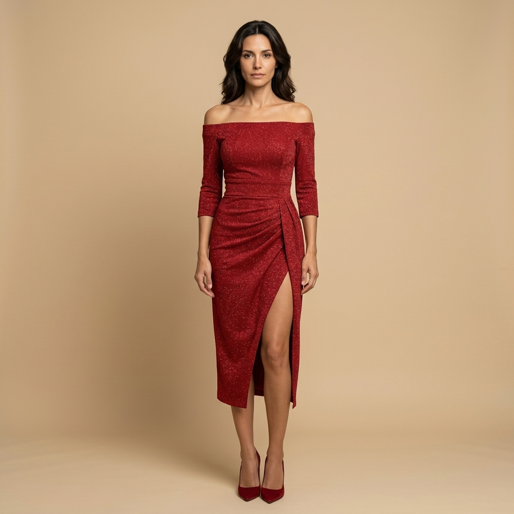 Vestido Midi Mujer Drapeado Escote Bardot Abertura Lateral