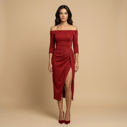 Vestido Midi Mujer Drapeado Escote Bardot Abertura Lateral