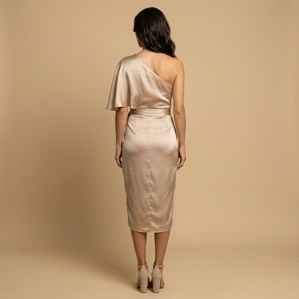 Vestido Midi Mujer Satén Drapeado Asimétrico Un Hombro