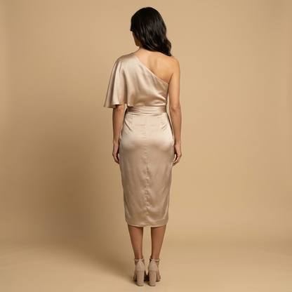 Vestido Midi Mujer Satén Drapeado Asimétrico Un Hombro