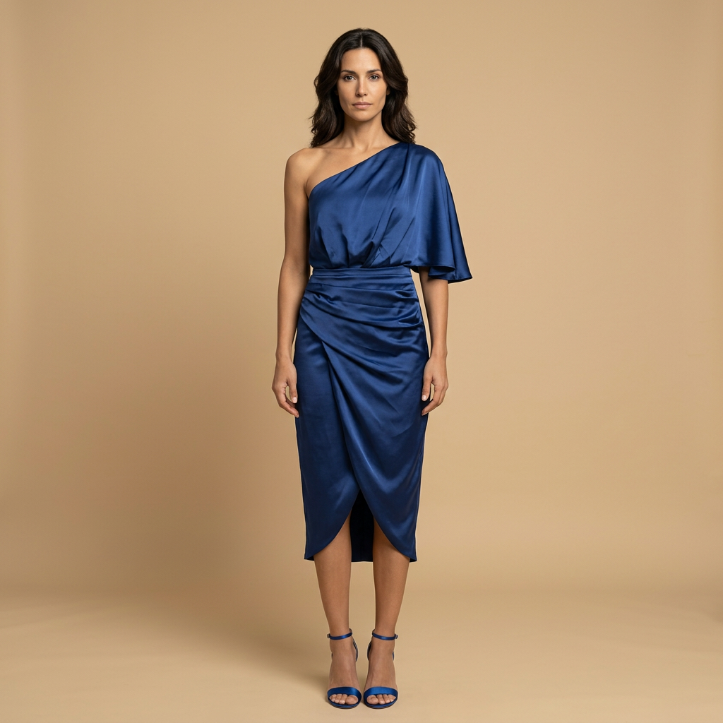 Vestido Midi Mujer Satén Drapeado Asimétrico Un Hombro