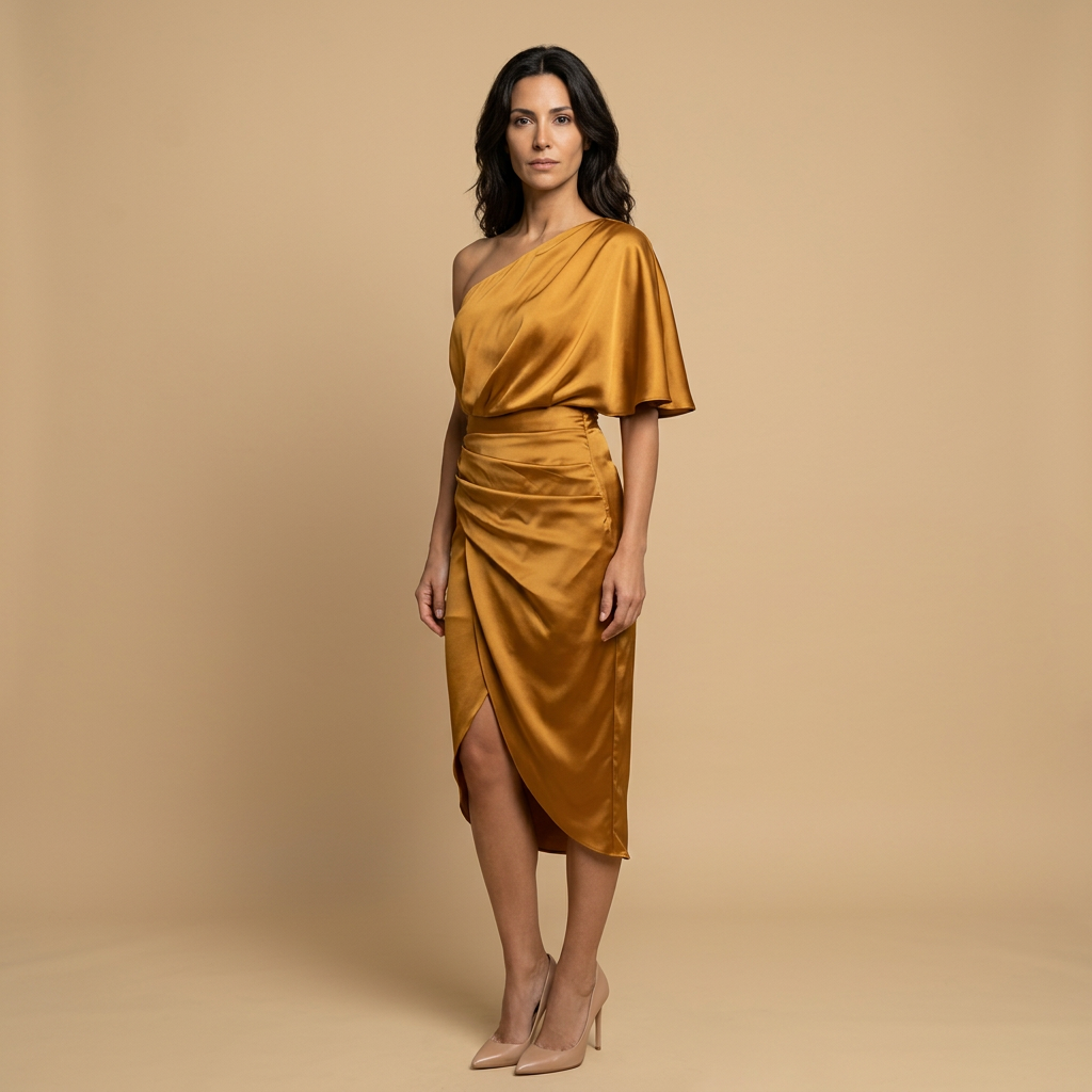 Vestido Midi Mujer Satén Drapeado Asimétrico Un Hombro
