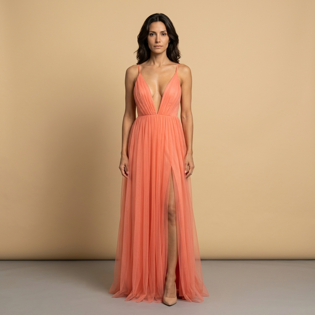 Vestido Largo Mujer de Tul Escote en V Tirantes Finos - Mavetta