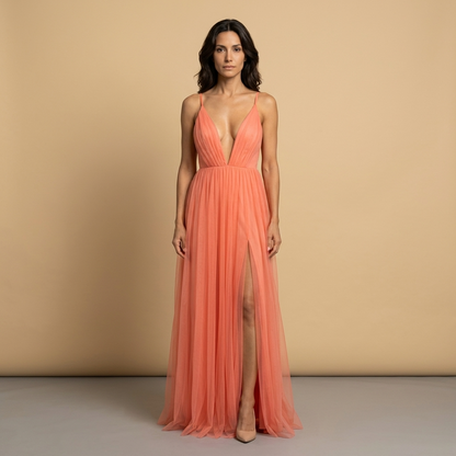 Vestido Largo Mujer de Tul Escote en V Tirantes Finos - Mavetta