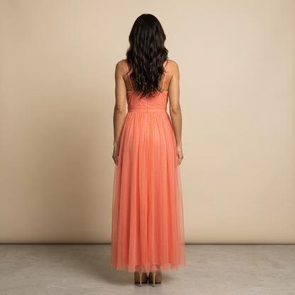 Vestido Largo Mujer de Tul Escote en V Tirantes Finos