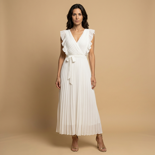 Vestido Largo Mujer Plisado Volantes Cinturón Ajustado - Mavetta