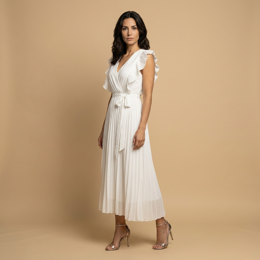 Vestido Largo Mujer Plisado Volantes Cinturón Ajustado