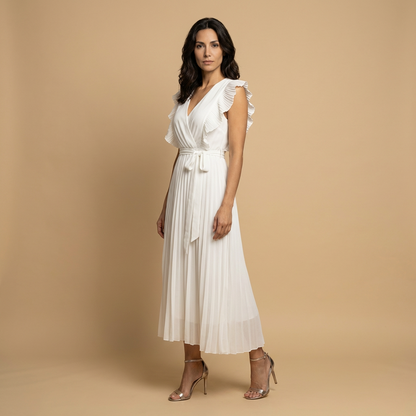 Vestido Largo Mujer Plisado Volantes Cinturón Ajustado