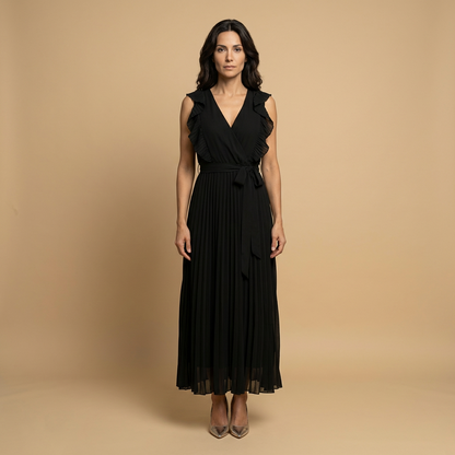 Vestido Largo Mujer Plisado Volantes Cinturón Ajustado