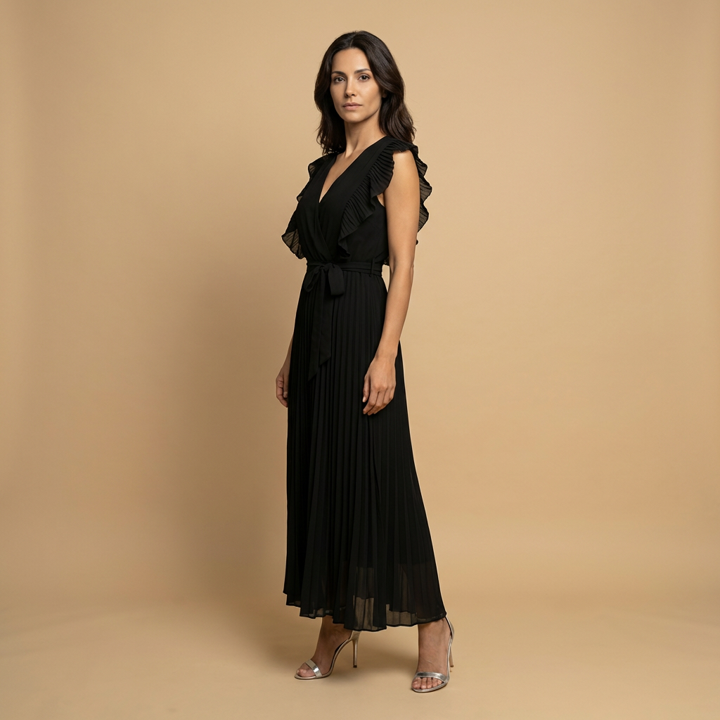 Vestido Largo Mujer Plisado Volantes Cinturón Ajustado